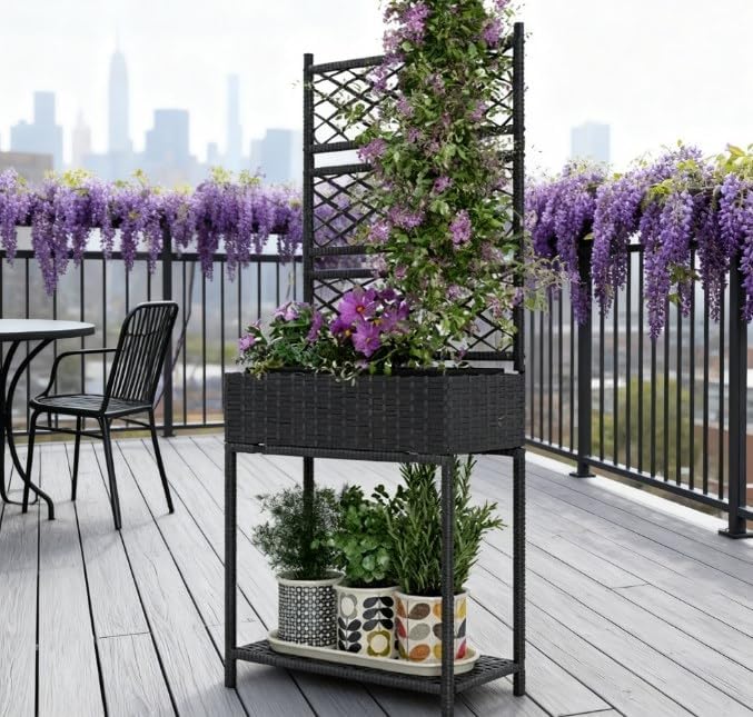 Freestanding Rattan GBoxOutdoor Wicker Planter with for Climbing Plantswith Storage Shelf