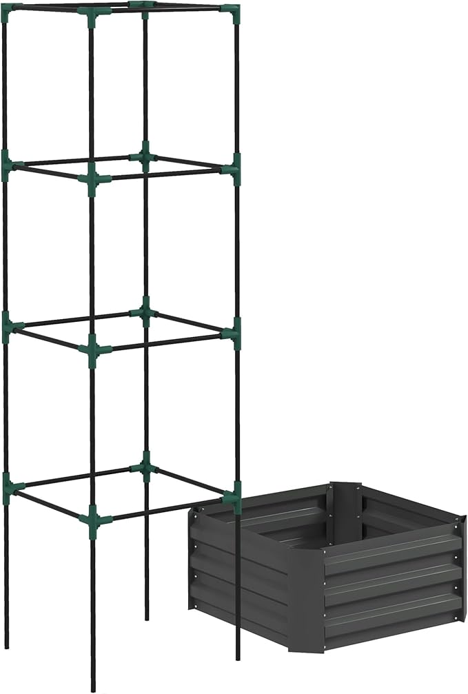 Outsunny Galvanized Raised Garden Bed 73.5 Tall Outdoor Planter Box with Trellis Tomato Cage and Open Bottom for Climbing Vines Vegetables Flowers in Backyard Garden Patio Dark Gray
