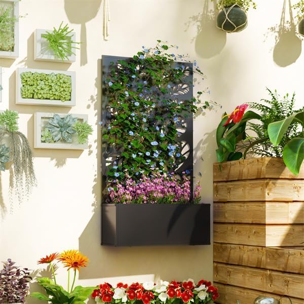 Metal Raised Garden Bed with Trellis Galvanized Planter Metal Planter Box with Trellis 24 L x 9.1 W x 44.5 H (Branches and Leaves)