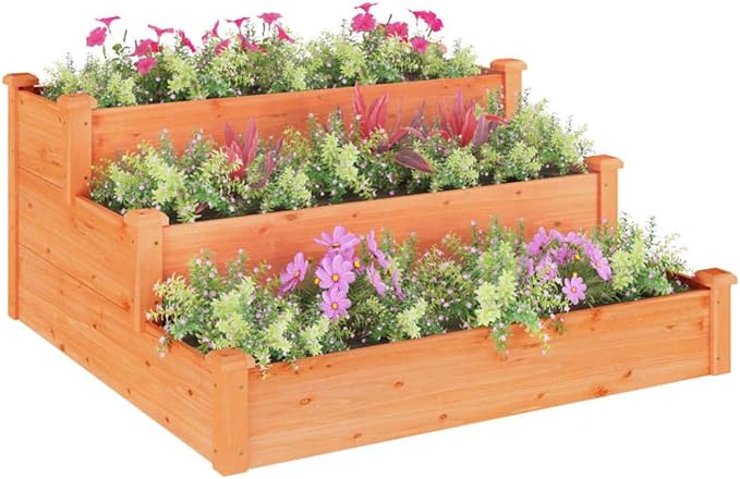 Wooden Garden Raised Bed with Stair-Step Design 3 Tier Wooden Raised Garden Bed Outdoor Elevated Flower Planter Box Outdoor Planting Container Brown 47.2x47.2x22 Solid Wood Fir