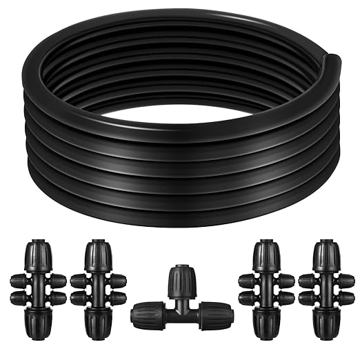 50 FT 1/2 Inch Drip Irrigation Tubing Kit-Drip Line Irrigation Hose 1/2 Inch with 1/2 to 1/4 Barbed Locked 6-Way &amp 1/2 Tee Connectors-Drip Tube Irrigation Fittings System Parts for Garden Water