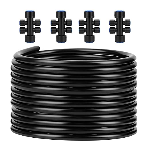 Snowtaros 50FT 1/2 Drip Irrigation Tubing with 4 Packs 4-Way Quick Coupler Push-to-Connect Fittings for Garden Watering System for Raised Beds Garden Greenhouse Lawn