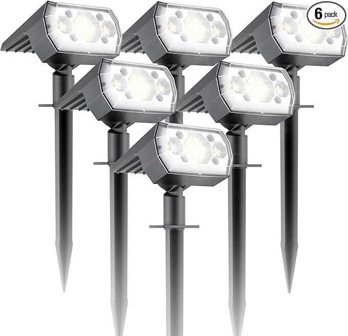 6 Packs Solar Spot Lights Outdoor 64 LED 6500K Solar Lights Outdoor IP67 Waterproof Adjustable Brightness Dusk to Dawn Solar Spotlights for Garden Yard Lawn Walkway Driveway - Cool Daylight