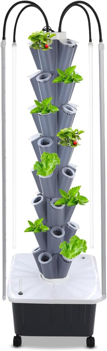 8-Tier Hydroponic Vertical Growing Kit with 40 Planting Holes &amp 4 LED Grow Lights - 5.28Gal Water Tank Food-Grade PP Auto Water Pump for Indoor/Outdoor Leafy Veggies &amp Herbs