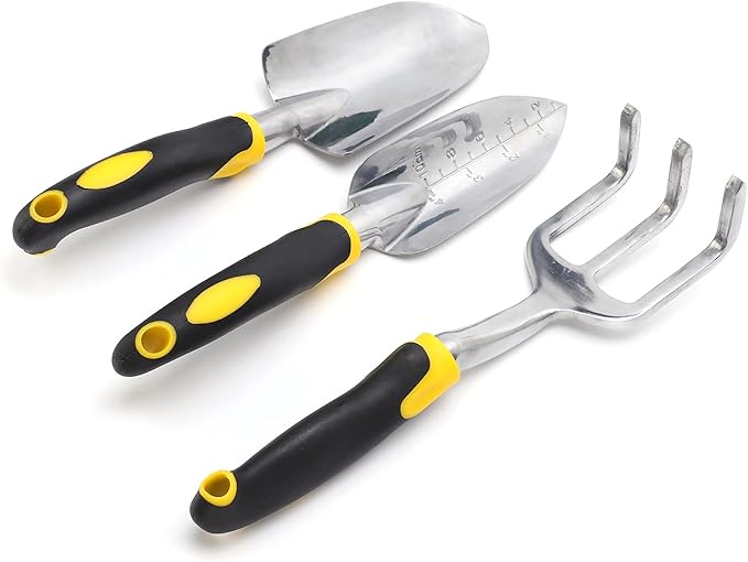 Garden Tool Set 3 Piece Aluminum Alloy Steel with Soft Rubber Handles for Digging and Planting