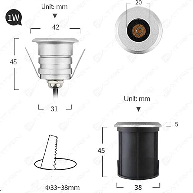 LED Ground Lights - LED Anti-Glare Underground Lamp 30° Beam Recessed Spotlight IP67 Outdoor Waterproof Courtyard Villa Underground Spotlight DC 12/24V Landscape Lighting(Warm Light1W)