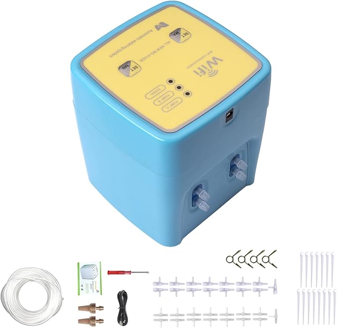 Hydroponic Equipment Intellint Watering Device Double Pump Timed Automatic Drip Irrigation System Remote APP Controller Garden Terrace Potted Indoor Garden(Blue 15 Pots)