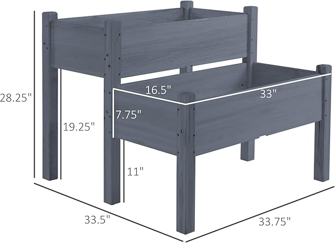 34x34x28 Raised Garden Bed 2-Tier Elevated Wood Planter Box for Backyard Patio to Grow Vegetables Herbs and Flowers Gray