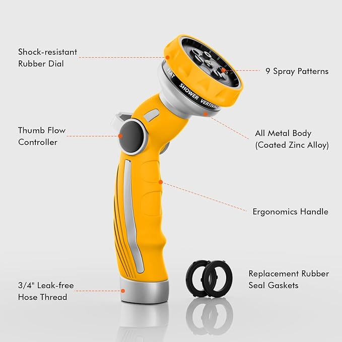 RESTMO Hose Nozzle Heavy Duty Metal Water Hose Sprayer for Garden 9 Spray Patterns | High Pressure | Thumb Flow Control | On/Off Valve Ideal for Lawn &amp Plant Watering Car &amp Pet Washing Ye