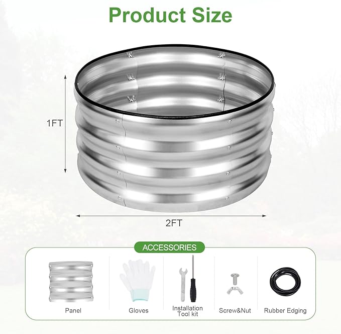 Galvanized Raised Garden Bed- 2Pcs Metal Planter Boxes Outdoor | 12 Tall 24 Round Steel Raised Bed Kit &amp Fire Pit Ring for Gardening with Protective Tape for Vegetables Flower (Sliver)