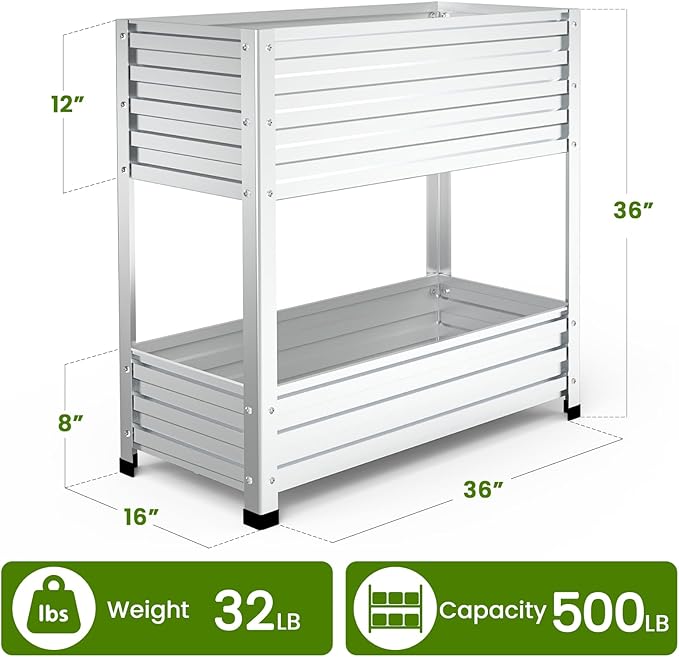 2-Tier Galvanized Raised Garden Bed with Legs 36x16x36 Metal Elevated Planter Box (12 Top/8 Bottom Depth) 500LB Capacity for Vegetables Herbs Leafy Greens Flowers on Patio Yard