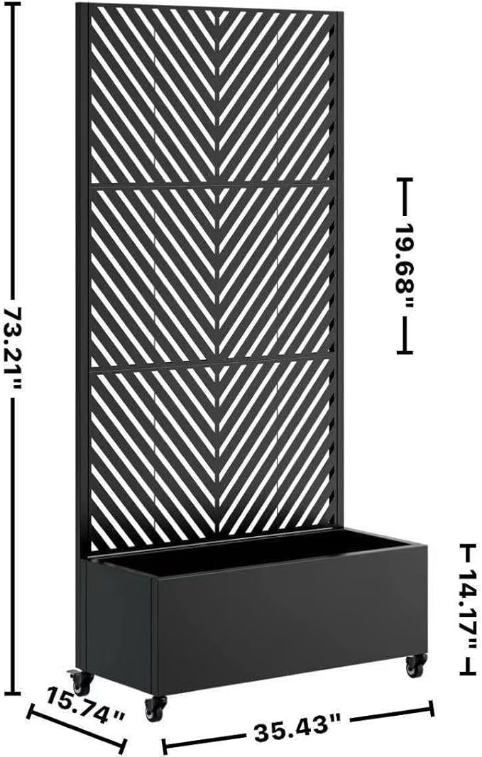 Metal Planter Box with Trellis Outdoor Raised Garden Bed with 4 Wheels Trellis Features Drainage Holes 72X47X16 Privacy Screen with Planter Box for Climbing Plants Vegetables (D-Black)