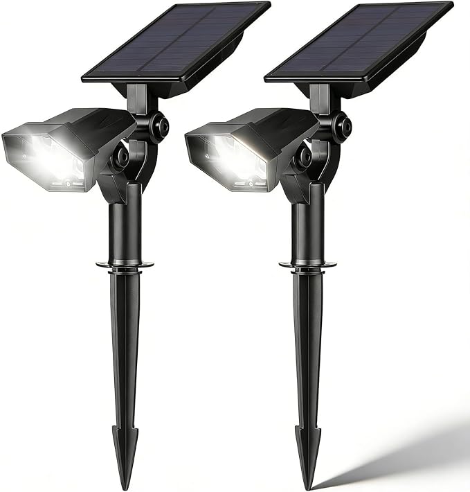 Solar Garden Spotlights 2 PCS 5 LEDs Warm White Landscape Lighting Battery Powered Outdoor Path Lights with Auto On Off - Energy Efficient Adjustable Angle Ideal