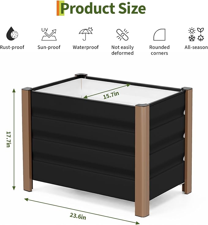 Garvee Aluminum Planter Box 24x16x18 Modern Raised Garden Bed with Rounded Corners &amp Anti-Cut Edging Deep Design with Drainage Holes for Outdoor Patio &amp Balcony Gray