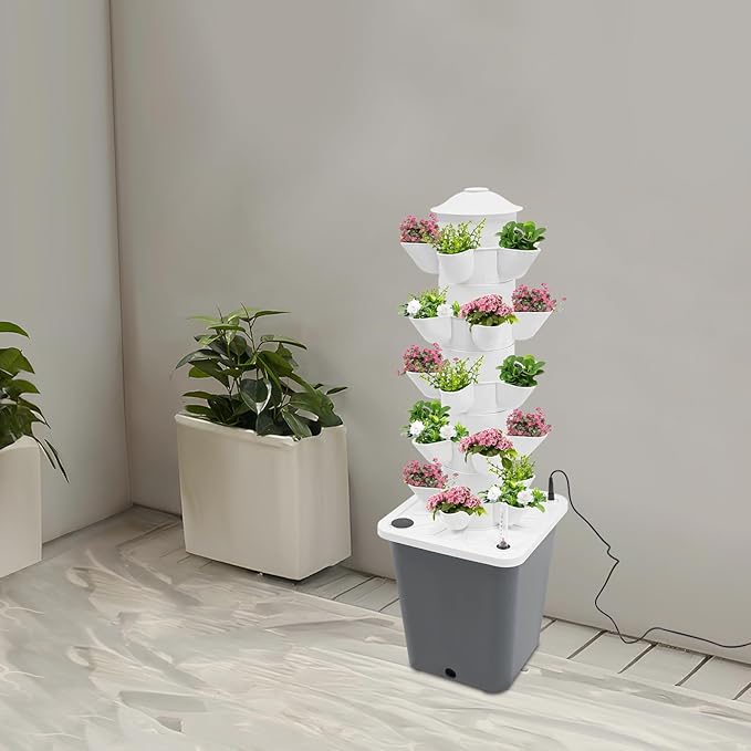 25 Holes Hydroponics Growing System Kit Herb Garden Planter Indoor Kit with 2.64gal Water Tank Outdoor/Indoor Gardening System Hydroponic Tower for Home Kitchen Office (Grey Water Tank)