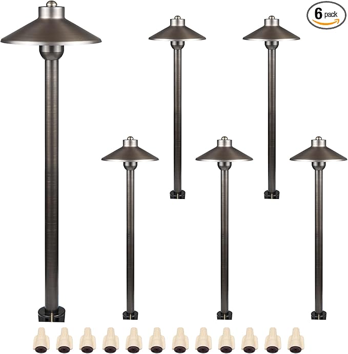 DOSHINE® Solid Brass Low Voltage Landscape Lighting Pathway Lights (7 Shade 22 Tall) with Replaceable 3W G4 LED Bulb 3000K AC/DC 12V and Ground Stake for Outdoor Walkway Driveway (HAT 6-Pack)