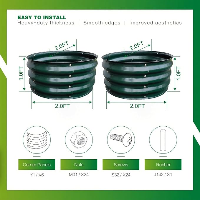 GARDMAX 2 Pack 2x2x1FT Galvanized Round Raised Garden Bed Kit Metal Planter Boxes Outdoor with Easy Assembly Large Garden Bed for Vegetables Fruits Flower Herbs Dark Green