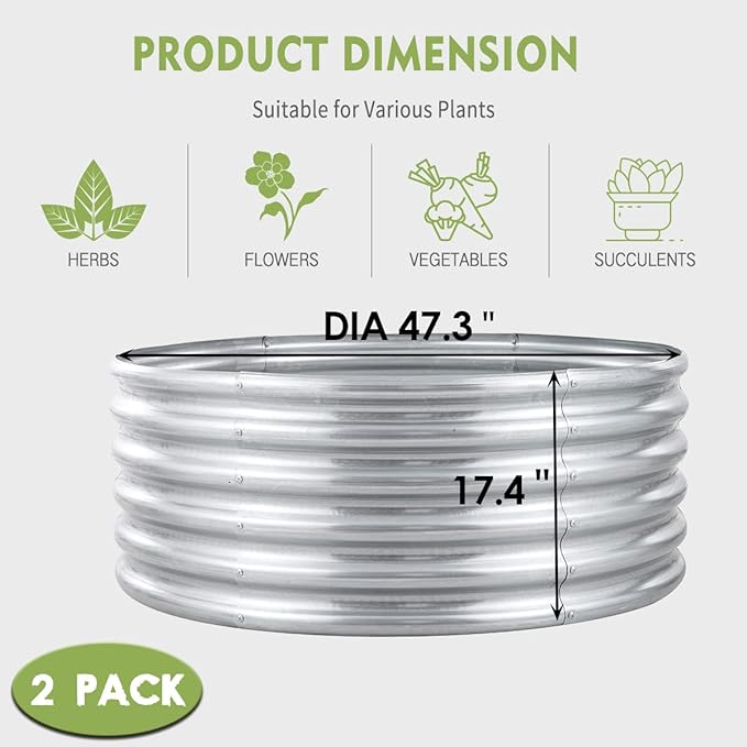 FORTUNO 2 Pcs 17 Tall 4 Ft Round Raised Garden Bed Box Galvanized Metal Outdoor High Flower Bed Steel Patio Ground Planter for Planting Vegetables and Herbs Silver