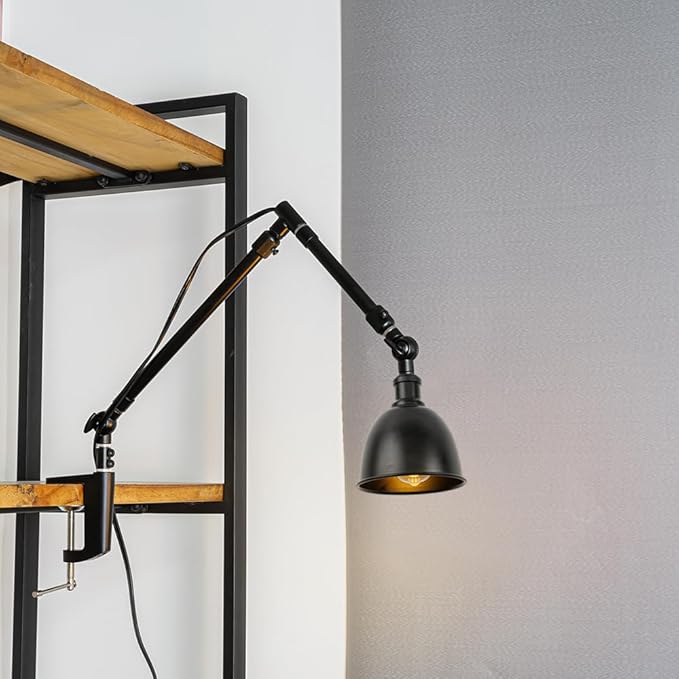 15Ft Timer Switch Cord Clip Mount Plant Growing Stand Socket Light Adjustable Length Black Metal Shade Retro Design for Indoor Shelf Desk Plants (No Bulb)