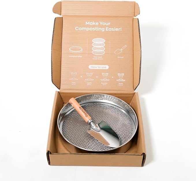 Reencle Garden Tool Set | Stainless Steel Sifter Set with 4 Sieve Meshes | Garden Trowel | Filter Mesh(36912mm)