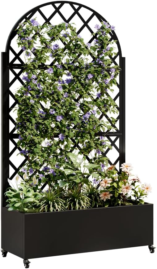 Heavy-Duty Metal Planter Box with Built-in Trellis for Climbing Plants Vegetables and Vines – Rust-Resistant Raised Garden Bed with Drainage and Mobility Features (Round)