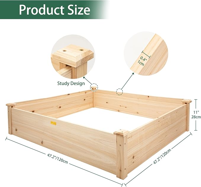 Hollyone 48 X 48 inches Wood Raised Garden Bed Frame Planters Wooden Elevated Planting Planter Box for Outdoor Herb Vegetables Flowers Grass Lawn Yard Patio - Natural 4×4ft