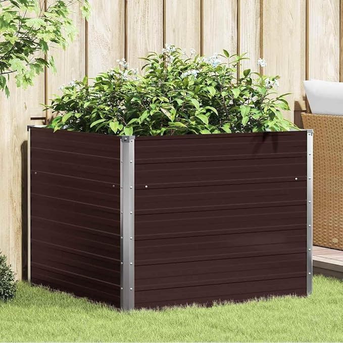 vidaXL Galvanized Steel Raised Garden Bed - 39.4x39.4x30.3 Size Square Design Brown Color Large Planting Space with Safety Edge Easy Assembly