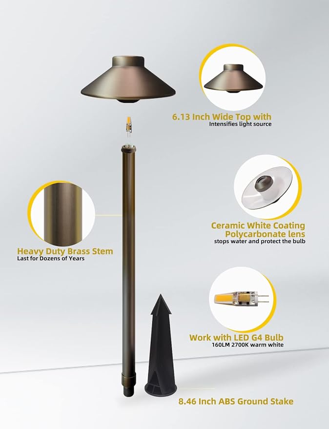 COLOER Brass Low Voltage Pathway Lights Outdoor 1-Pack with 2W LED G4 Bulb Garden Path Lights Electric IP65 Waterproof Outdoor Landscape Lighting Wired(602B)