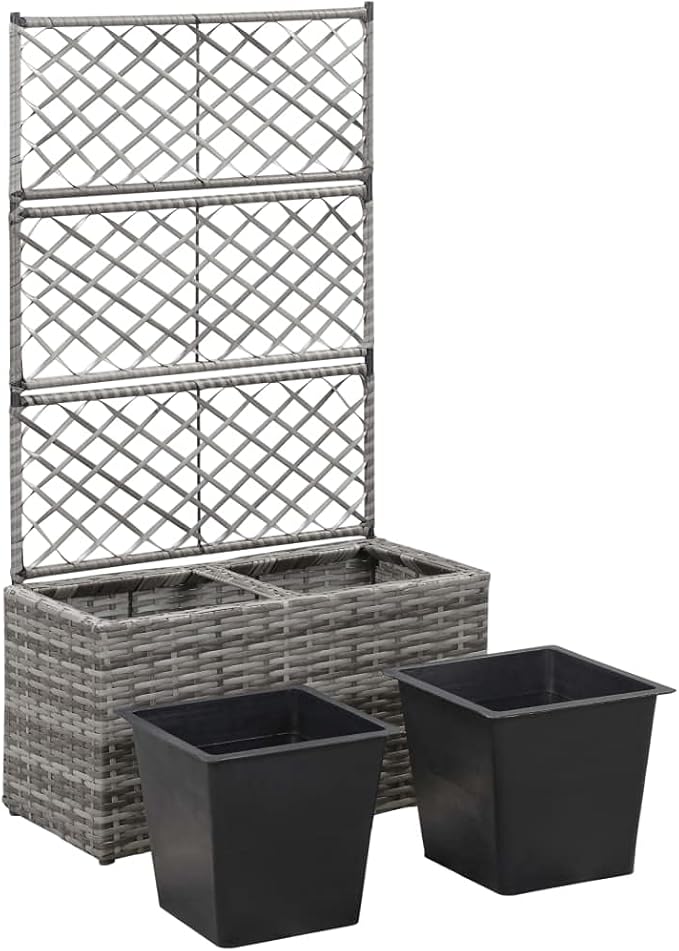 Trellis Raised Bed Planter Raised bedsGalvanized PlanterFlower BedTroughMetal PlanterRaised Garden Bedwith 2 Pots 22.8 x 11.8 x 42.1 Poly Rattan Gray