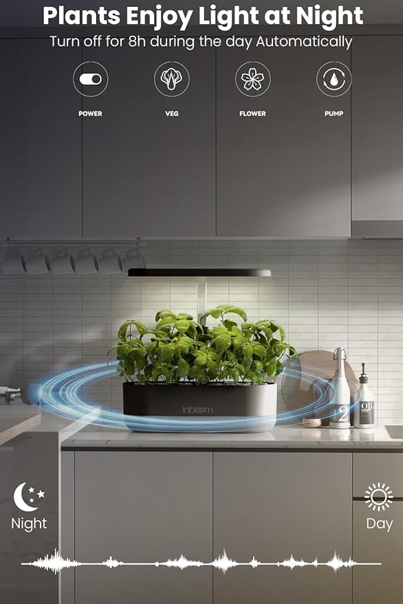 inbloom 12 Pods Hydroponics Growing System Kit Herb Garden Planter Indoor Kit Indoor Gardening Hydroponics Growing System with Pods 4.2L Water Pump Height Adjustable Gifts for Woman Black