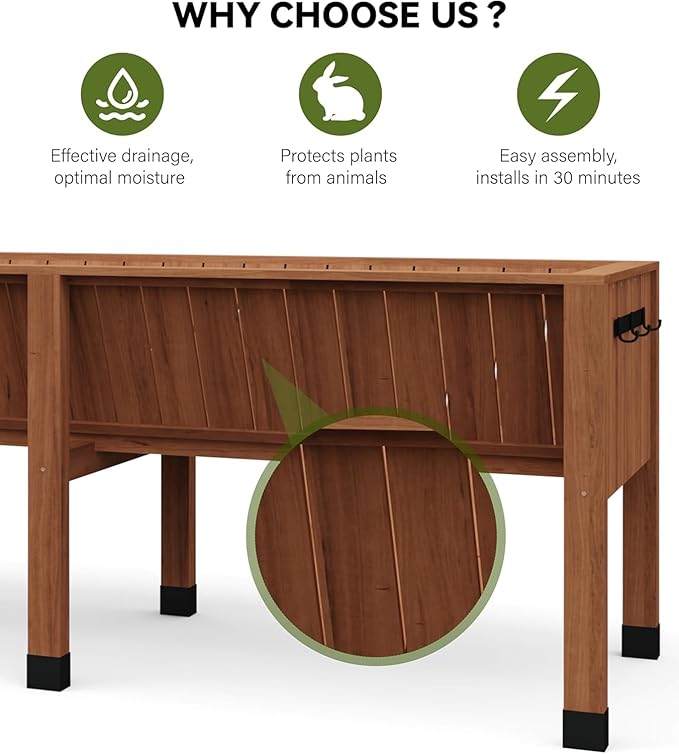 IDEALHOUSE Raised Garden Beds Outdoor 72x26x31 Inch Wooded Raised Planter Box with Legs Elevated Garden Bed with Hooks 13.7 Inch Depth 300 Lbs Capacity for Balcony Patio and Backyard Oak