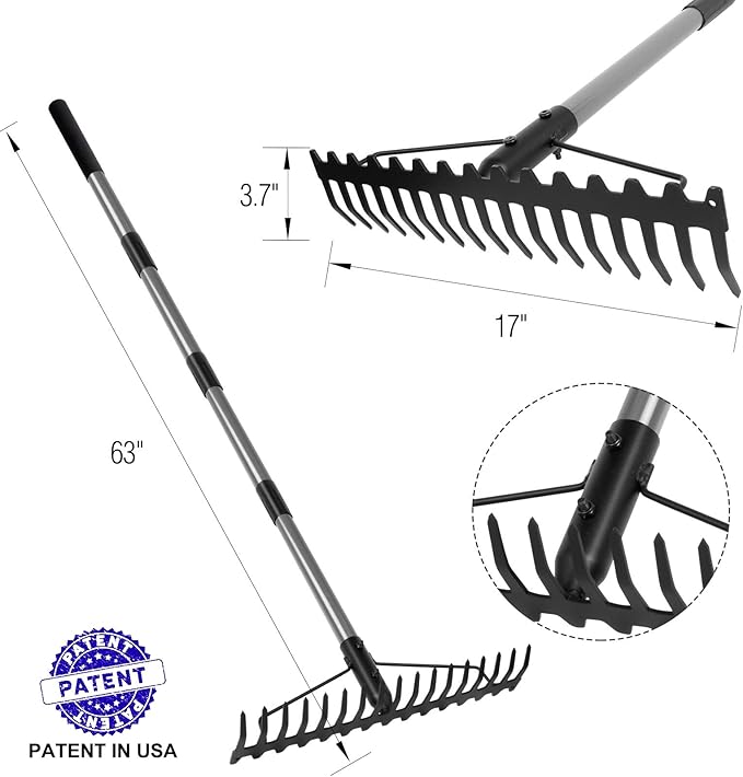 Walensee 5.4FT Bow Rake Heavy Duty Garden Rake with Stainless Steel Handle 17 Steel Tines Garden Tool for Loosening Soil Gathering Leaf Leveling Lawn Farming Land Management Yarn Thatch Rakes