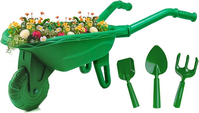 Duckura Kids Wheelbarrow Set - Gardening Tools for Kids with Shovel Rake Trowel Outdoor Yard Lawn Digging Weed Toys Easter Birthday Gifts for Boys Girls Age 2 3+Years Old(Green B)