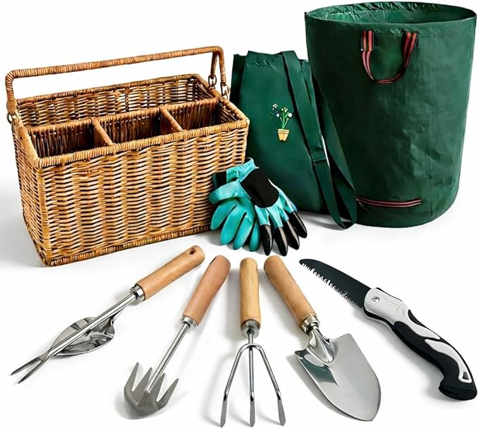 All-in-One Garden Tool Set with Basket 9-Piece Stainless Steel Garden Tools with Wooden Handles Gardening Gift Set
