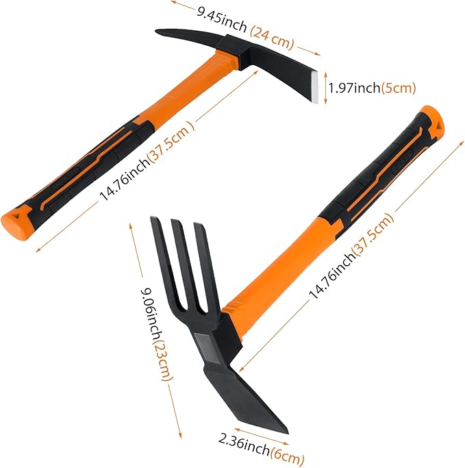 2pcs Pick Axes for Digging and No Installation Required Garden Hoe and Cultivator Hand Rake Garden Tool Durable and Comfortable Handle Mattock Weeding Hoe （Orange）