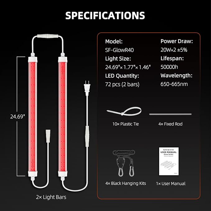 Spider Farmer GlowR40 LED Plant Grow Light Deep Red Supplemental Lighting Bar 2ft 650-665NM High Efficiency Growing for Indoor Plants Bloom Flower