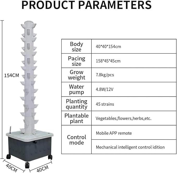 15 Layer 45 Plants Hydroponic Tower Growing System Vertical Grow Tower with Pump and Movable Water Tank White ABS Plastic Frame PVC-U Inner For Herbs Fruits and Vegetables