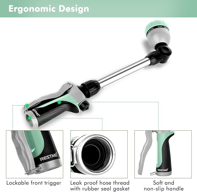 RESTMO Metal Watering Wand Heavy Duty Garden Hose Wand with 180° Swivel Ratcheting Head 16'' Hose Nozzle Sprayer with 7 Spray Patterns and Flow Control for Water Hanging Baskets and Shrubs Cyan