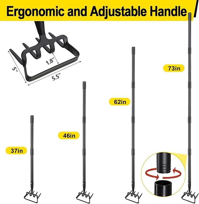 Garden Hoe Cultivator Stirrup Hoe Garden Tool for Weeding 73 Inch Heavy Duty Hula Hoe with Adjustable Long Handle Scuffle Loop Hoe with Rake 2-in-1 Gardening Tool for Loosening Pulling Weed