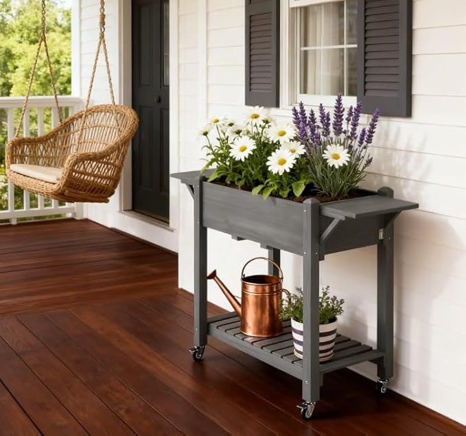 Elevated Garden BedWood Raised Planter Boxwith Lockable WheelsSide TablesBottom ShelfDrain Holes
