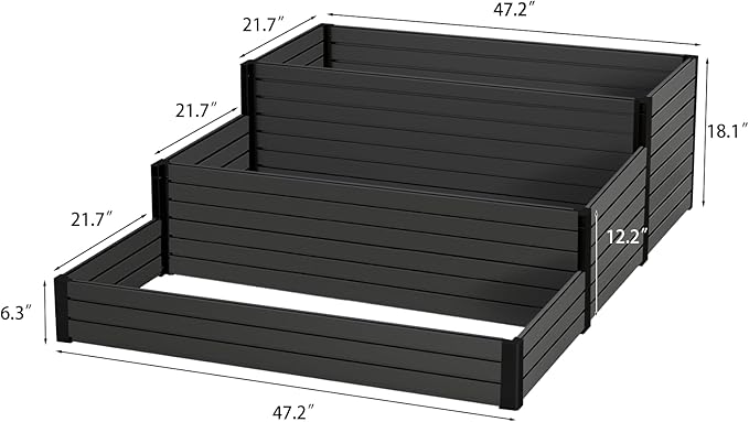Elevated Wooden Raised Garden Planter - 3-Tier Outdoor Flower &amp Vegetable Box for Patio Backyard or Garden - Durable Weather-Resistant Design - 47.2 x 21.7 x 18.1 (Black)
