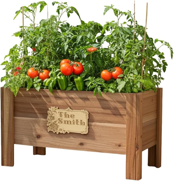 Personalized Cedar Raised Planter Box – Custom Plaque Plate Engraved Garden Bed for Vegetables &amp Flowers Handmade in USA