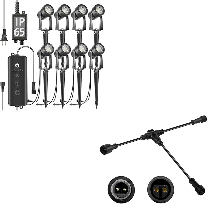 SUNTHIN 8 Pack Outdoor Landscape Lighting with Dusk to Dawn Sensor Controller Bundled 9.8FT T Shape Extension Cord