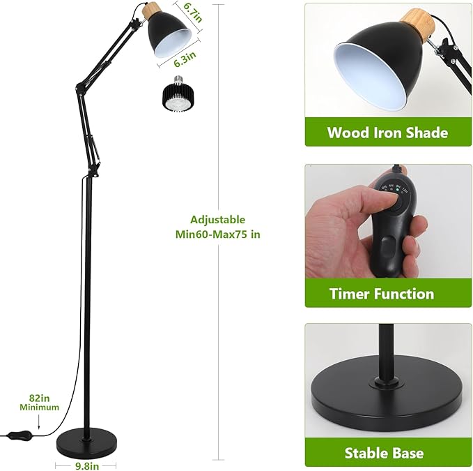 HMVPL Grow Lights for Indoor Plants Full Spectrum Plant Lights for Indoor Growing with 20W COB Grow Light Blub 4/8/12H Timer Standing Tall Grow Lamp for Middle Large Plants(75'' Height Adjustable)