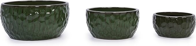 Handmade Glazed Ceramic Planter Set of 3 151210 Inch Diameter Hammered Pattern for Ficus Outdoor G Indoor Staircase Use Breathable Clay with Drainage Holes Solid Green