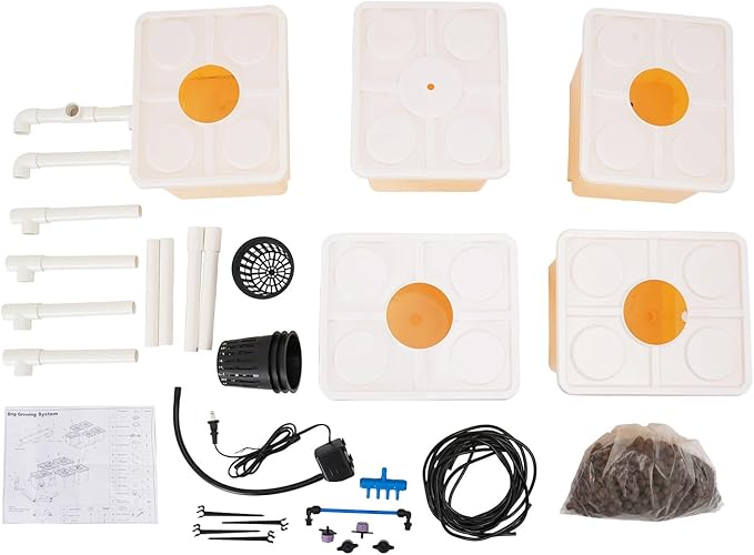 5-Bucket DWC Hydroponics Grow System 11L Deep Water Culture Hydroponic Kit with 4W Submersible Pump 300L/H Flow Rate Indoor Gardening System for Vegetables Herbs Flowers