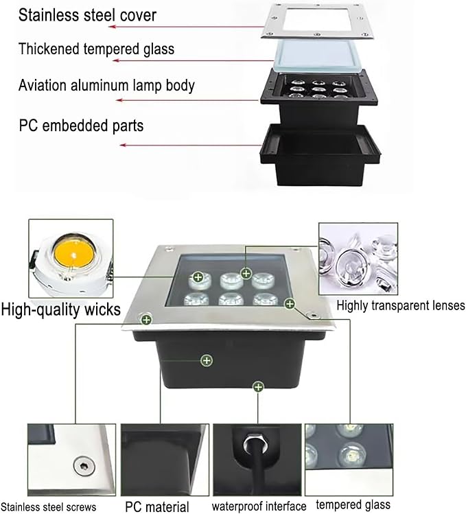 LED Landscape Lights - Outdoor Buried LightsSquare Ultra-Thin Spotlight IP66 Waterproof Embedded Underground Light for Pathway Walkway Deck Yard Floor LampBlue-16W