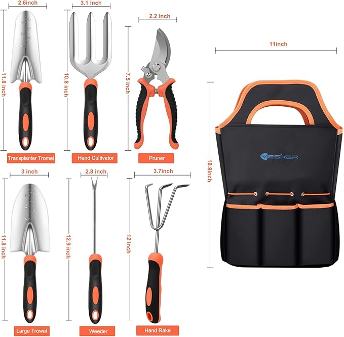 Yesker Gardening Tools 7-Piece Heavy Duty Garden Tool Set Gardening Supplies Gifts for Women Men Gardening Hand Tool Kit with Non-Slip Ergonomic Handle Garden Bag Pruning Shears Black Orange