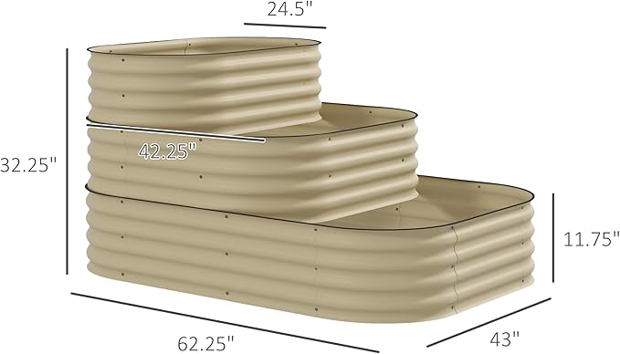 Outsunny 3-Tier Galvanized Steel Raised Garden Bed Kit 62.25 x 43 x 32.25 3 Combining Planter Boxes with Rubber Strip Edging Open Bottom for Backyard Garden Patio Cream White