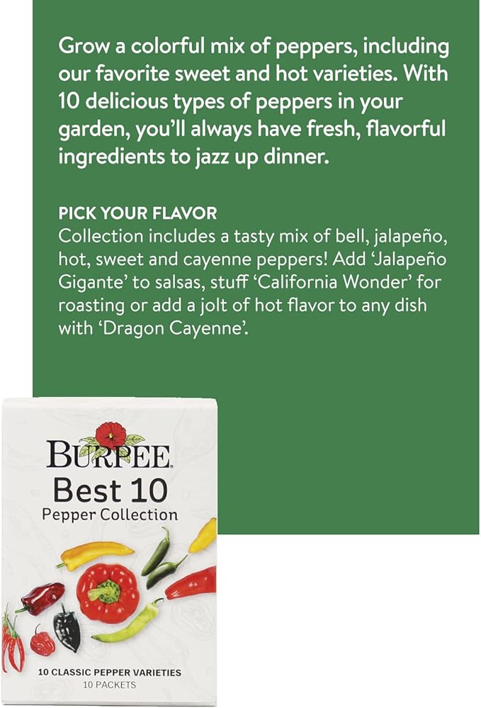 Burpee Best Collection | 10 Packets of Non-GMO Fresh Mix of Hot Pepper &amp Sweet Varieties | Jalapeno Bell Pepper Seeds &amp More Seeds for Planting